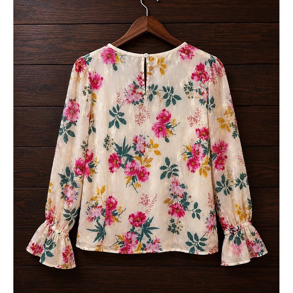 LOFT Floral Sheer Metallic Blouse Small Ivory Pink Long Sleeve - Picture 8 of 9